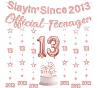 13th Birthday Decorations Banner Balloons - 11 Pcs Rose Gold Official Teenager Banner Glitter Star Garland Hanging Number 13 Foil Balloon Cake Topper for Her Girls Thirteen Years Old Party Decor