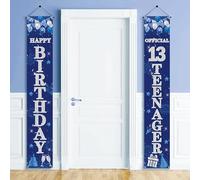 13th Birthday Decorations Banner Boy - Happy 13th Birthday Party Door Porch Sign, Blue Silver Door Banners for Official Teenager Party Decoration Supplies