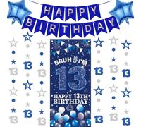 13th Birthday Decorations Banner Boys - 10 Pcs Official Teenager Blue Happy Bday Banners Balloon Glitter Number 13 Star Dots Hanging Garlands Bruh I'm 13 Backdrop for Thirteen Years Old Party Decor