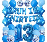 13th Birthday Decorations Banner for Boy - 44 Pcs Blue Happy Birthday Banner Bruh Im Thirteen Letter Official Teenager Number 13 Star Foil Balloons Latex Set for 13 Years Old Party Supplies