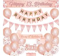 13th Birthday Decorations Banner Girls - Rose Gold Party Balloons Set with Pennant Sash, Happy 13 Years Old Birthday Yard Banners and Cake Topper for Official Teenager Party Supplies