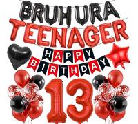 13th Birthday Decorations Banner Set - 24 Pcs Black Red BRUH UR A Teenager Banners Happy Birthday Flag Number 13 Foil Balloon Star Heart Shape Balloons for Boy Girl Official Teenager Party Supplies