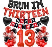 13th Birthday Decorations Banners Boy - 39 Pcs Black and Red Happy Birthday Banner BRUH I'M THIRTEEN Star Heart Number 13 Foil Balloons Decoration Sequin Balloons for 13 Years Old Boys Party Decor
