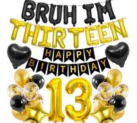 13th Birthday Decorations Banners Boy - 39 Pcs Black Gold Happy Birthday Banner BRUH I'M THIRTEEN Star Heart Number 13 Foil Balloons Decoration Sequin Balloons for 13 Years Old Boys Party Decor