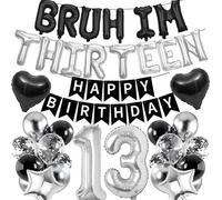13th Birthday Decorations Banners Boy - 39 Pcs Black Silver Happy Birthday Banner BRUH I'M THIRTEEN Star Heart Number 13 Foil Balloons Decoration Sequin Balloons for 13 Years Old Boys Party Decor