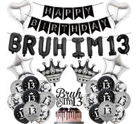 13th Birthday Decorations Banners Boys - 34 Pcs Black and Silver Happy Birthday Banner Bruh I'M 13 Star Heart Crown Foil Balloons Cake Topper Sequin Balloons for 13 Years Old Boy Party Decor Supplie