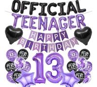 13th Birthday Decorations Banners Girls - 41 Pcs Black and Purple Happy Birthday Banner Decoration Official Teenager Number Heart Star Foil Balloons for 13 Years Old Girl Party Decor Supplies