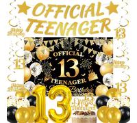 13th Birthday Decorations Black Gold - 25 Pcs Teenager Birthday Decorations Including Official Teenager Banner Background Number 13 Balloons Latex Balloon for 13 Years Old Boys Girls Party Supplies