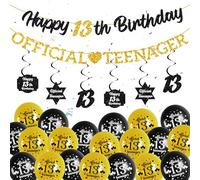13th Birthday Decorations Black Gold - Glitter Official Teenager Happy 13th Birthday Banner, Hanging Swirls, Latex Balloons for Boys Girls 13 Years Old Anniversary Party Decor