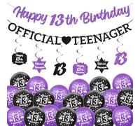 13th Birthday Decorations Black Purple - Glitter Official Teenager Happy 13th Birthday Banner, Hanging Swirls, Latex Balloons for Girls 13 Years Old Birthday Anniversary Party Decor