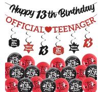 13th Birthday Decorations Black Red - Glitter Official Teenager Happy 13th Birthday Banner, Hanging Swirls, Latex Balloons for Girls Boys 13 Years Old Birthday Anniversary Party Decor