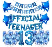 13th Birthday Decorations - Blue Official Teenager Foil Balloons Banner Party Decor Latex Confetti Balloons Star Foil Balloon 13 Year Old Party Supplies for Kids Boys Girls
