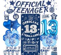 13th Birthday Decorations Boy Set - 44 Pcs Blue Official Teenager Decorations Including Banner, Backdrop, Number 13 Balloon, Hanging Swirls and Latex Balloons for 13 Years Old Party Supplies