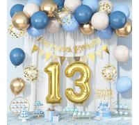 13th Birthday Decorations, Dusty Blue Cream White Gold 13 Balloon Happy 13th Birthday Bunting Banner Cake Topper Number 13 Year Old Foil Balloon for Thirteen Birthdays Party Decor