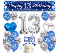 13th Birthday Decorations for Boys - 31 Pieces Blue Silver Party Decoration, Official Teenager Banner, Latex Balloon, Number 13 Foil Balloons, Backdrop, Cake Topper for Kid Anniversary Decor Supplies