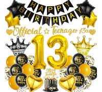 13th Birthday Decorations for Boys - Black and Gold Official Teenager Happy Birthday Banner Cake Topper Latex Number Crown Star Heart Foil Balloons for 13th Birthday Party Supplies