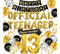13th Birthday Decorations for Boys, Black and Gold Official Teenager Party Supplies Happy 13th Birthday Balloons Banner with Number 13 Balloon Teenager Sash for Teenager Birthday Decorations