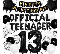 13th Birthday Decorations for Boys, Black White Official Teenager Party Supplies Happy 13th Birthday Balloons Banner with Number 13 Balloon Confetti Foil Balloons for Boys Girls Birthday Decoratios