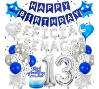 13th Birthday Decorations for Boys Blue - Silver Themed Balloons Banner Cake Topper Suitable for Kids 13th Anniversary Supplies and Official Teenager Party