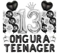 13th Birthday Decorations for Boys Girls - Black Silver Balloons Omg Ur a Teenager Banner, Heart Crown Number 13 Foil Balloon for Teen Boy 13th Party Supplies