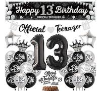 13th Birthday Decorations for Boys Girls - Black Silver Official Teenager Happy 13th Birthday Yard Banner, Star Heart Crown Number Foil Balloons Confetti Balloon Cake Topper for 13 Years Old Children