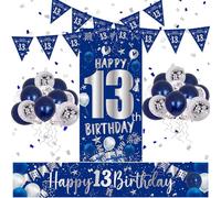 13th Birthday Decorations for Boys Girls Blue and Silver Happy 13th Birthday Banner 13 Birth day Balloons Happy Birth day Backdrop Door Banner Triangle Flag Confetti Balloons 13 Party Decorations