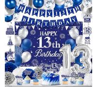 13th Birthday Decorations for Boys Girls Blue Teenager Party Decorations with Happy 13th Birthday Banner Number Balloons, Hanging Swirls, Pom Poms, Backdrop Teen Decorations for 13 Years Old