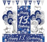 13th Birthday Decorations for Boys Girls - Happy Birthday Yard Banner Number 13 Foil Balloons Bunting Latex Balloon Door Backdrop, Blue Silver Anniversary Decoration for 13 Years Old Party Supplies