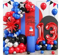 13th Birthday Decorations for Boys, Royal Blue Black Red Silver Balloon Garland Arch Kit with 40 Inch Red Number 13 Balloon Tower, 13th Birthday Balloons for Kids Super Theme Party