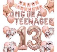 13th Birthday Decorations for Girl Rose Gold, OMG UR A Teenager Balloons Birthday Banner Number 13 Birthday Foil Balloons Confetti Balloons 13th Birthday Cake Topper for Girl