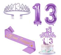 13th Birthday Decorations for Girls Purple with 13th Birthday Sash and Crown, Cake Topper and Candles, Number Balloons, 13 Year Old Gifts for Girls