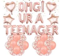 13th Birthday Decorations for Girls - Rose Gold OMG UR A TEENAGER Party Decoration Balloon Set Love Letters Stars Latex Balloons for Official Teenager Birthday Parties