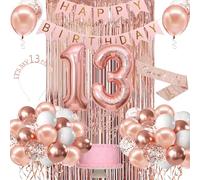 13th Birthday Decorations for Her, Happy 13th Bday Decorations for Women, Rose Gold 13 Birth-day Banner, Crown, Sash, Cake Topper And Number Balloon, 13 Birthday Party Supplies for Her