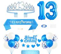 13th Birthday Decorations for Women, Princess Crown Queen Tiara, It's My 13th Birthday Sash, 13 Year old Birthday Cake Topper Number Balloons Set for Party Supplies, Blue