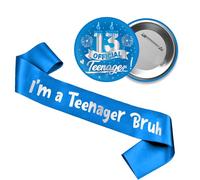 13th Birthday Decorations Gift Boys - 2 PC Blue Silver Sash Badge Set | Blue Silver I'M A Teenager Bruh Sash 13 Official Teenager Badge Party Supplies for Boy Thirteen Birthday Accessories