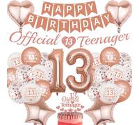 13th Birthday Decorations Girls Balloons - 36 Pcs Rose Gold Banners Number 13 Star Heart Foil Balloon Pull Flag Cake Cupcake Topper Decoration Supplies For 13 Years Old Official Girl Birthday Party