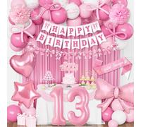 13th Birthday Decorations Girls, Pink Bow Party Decorations Set, Happy Birthday Banner Bunting, Bow Pink White Balloons, Number 13 Heart Star Foilballoon, Foil Curtain, Sash, Bow Party Deco 13th Girls