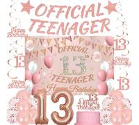 13th Birthday Decorations Girls Set - 25 Pcs Rose Gold Official Teenager Banner Bunting Hanging Swirls Streamers Number 13 Balloon 59*39 Inch Backdrop Confetti Latex Balloons for 13th Party Supplies