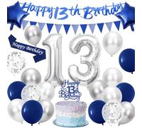 13th Birthday Decorations, Navy Blue and Silver Balloons Happy 13th Birthday Banner, Number 13 Foil Balloons, Cake Topper and Sash for Party Supplies