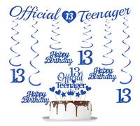 13th Birthday Decorations Official Teenager - 15 Pieces Blue Official Teenager Happy Birthday Banner Hanging Streamer Heart Twinkle Cake Topper For Boys Girls Birthday Party