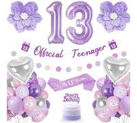 13th Birthday Decorations, Purple Fantasy Party Set Includes 13th Birthday Banner/Cake Topper/Balloons, Sash, Purple Flower, Party Decorations for 13 Years