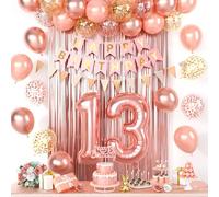 13th Birthday Decorations, Rose Gold 13 Happy Birthday Party Decorations With Confetti Latex Balloons Number 13 Balloons Banner Fringe Curtain Cake Topper For Girl Woman Party Decoration