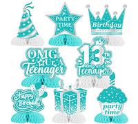 13th Birthday Decorations Table Centerpieces, 8 Pieces Teal Silver Happy 13 Year Old Birthday Honeycomb Centerpieces, Breakfast Blue Thirteen Birthday Decorations Table Sign Toppers for Girls