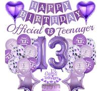 13th Birthday Decorations Teenagers Party - 36 Pcs Purple Balloons Banner Number 13 Star Heart Foil Balloon Pull Flag Cake Cupcake Topper Decoration Supplies For 13 Years Old Official Teenager Party