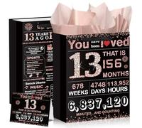 13th Birthday Gift Bag for Girls Black and Rose Gold 13th Gift Bag with Card and Tissue Paper Vintage Happy 13th Birthday Paper Bag for 13 Year Old Bday Anniversary Decorations Party Supplies
