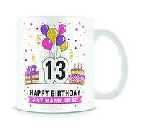 13th Birthday Gift for Boys - Personalised Mug/Cup - Add Name - Birthday Balloons Design - Pink