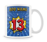 13th Birthday Gift for Boys - Personalised Mug/Cup - Add Name - Comic Style Design - Blue