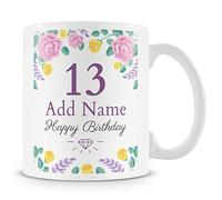 13th Birthday Gift for Girls - Personalised Mug/Cup - Add Name - Birthday Flowers Design