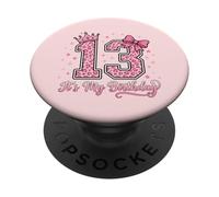 13th Birthday Girl Pink Leopard Bow Crown Cute 13 Years Old PopSockets Adhesive PopGrip