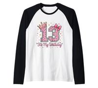 13th Birthday Girl Pink Leopard Bow Crown Cute 13 Years Old Raglan Baseball Tee
